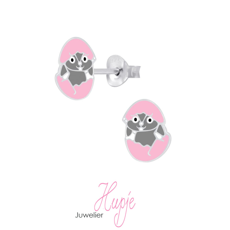 zilveren kinderoorbellen lammetje uit roze ei :)