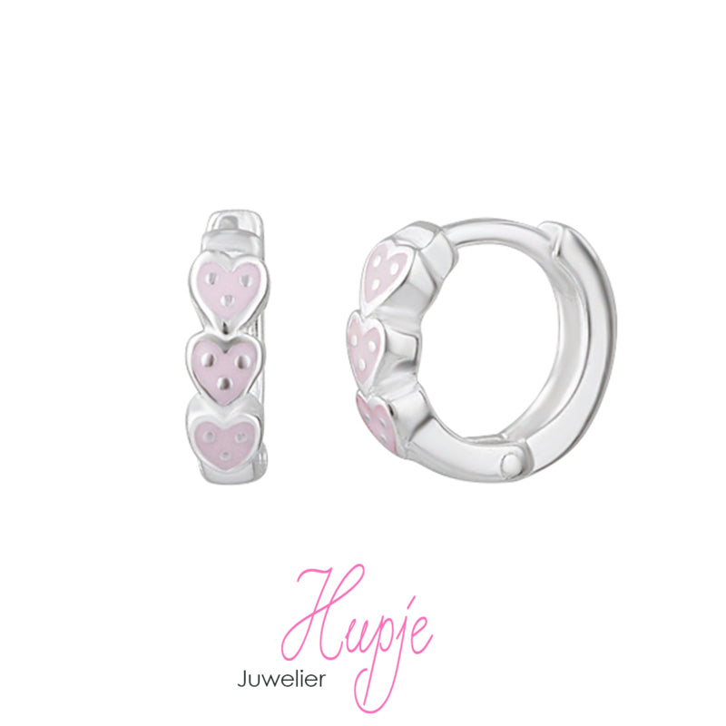 silver hoop earrings light pink hearts silver dot (Premium)