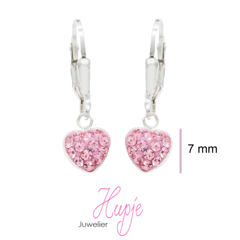 zilveren kinderoorbellen hartjes roze kristallen