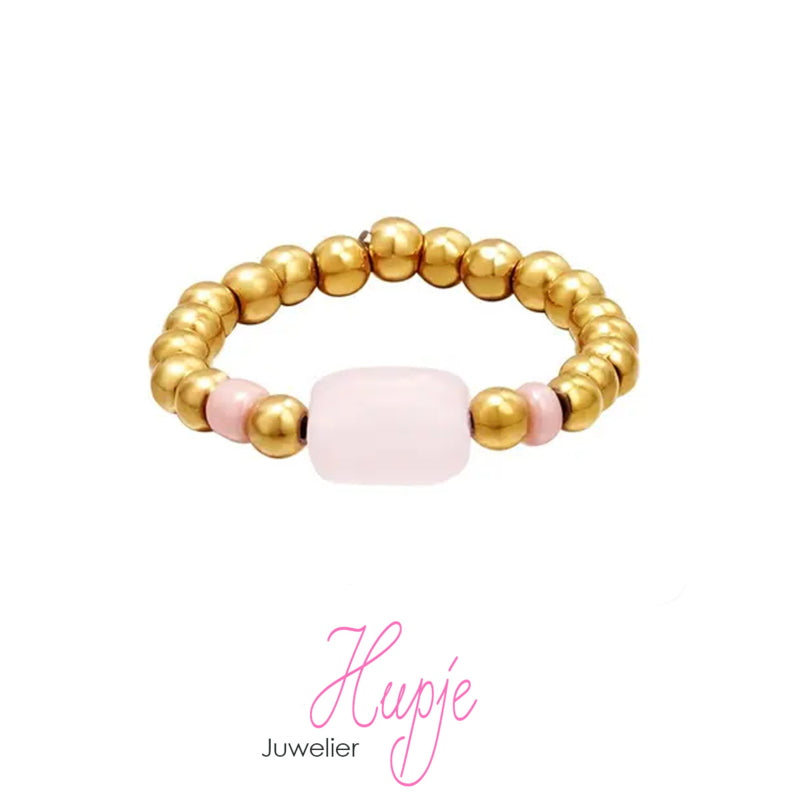 teenring steentje lichtroze hematiet en goud