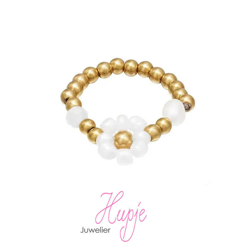 teenring bloemetje Pearl White