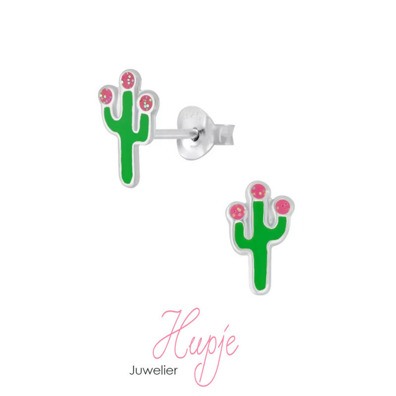 zilveren oorknopjes cactus roze glitter bloemetjes