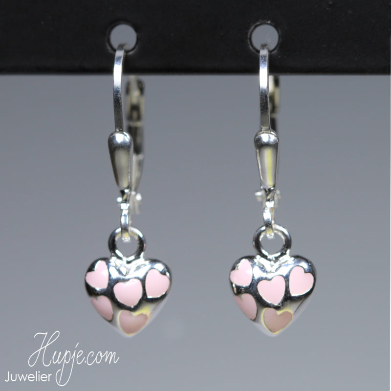 silver earrings pink heart brisure closure (Premium)