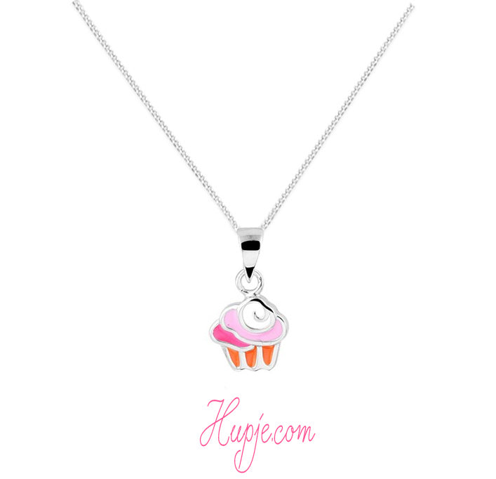 zilveren kinderketting cupcake roze