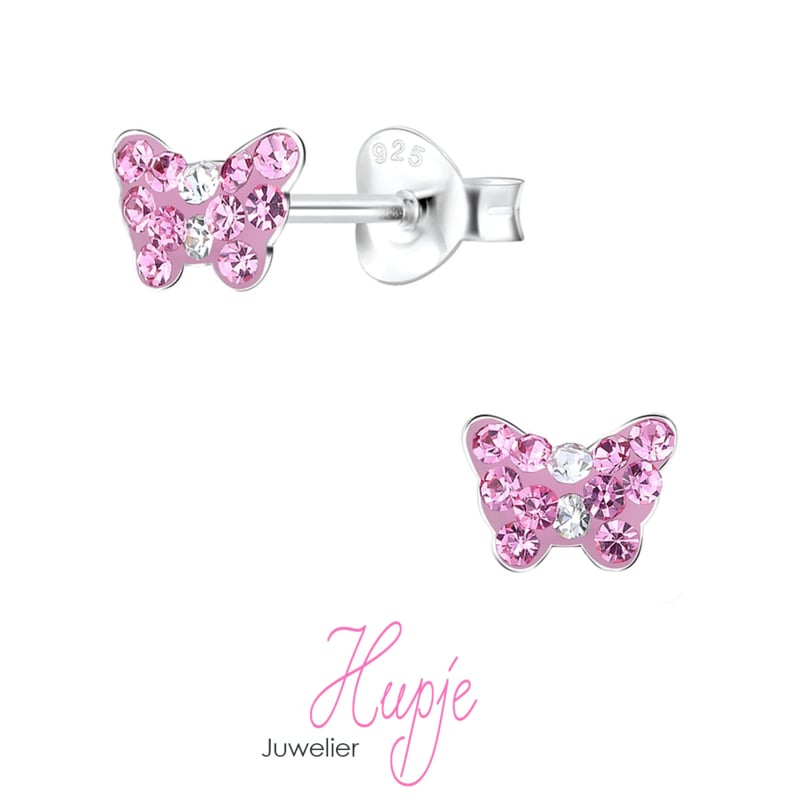 zilveren oorknopjes kleine roze vlinder kristallen