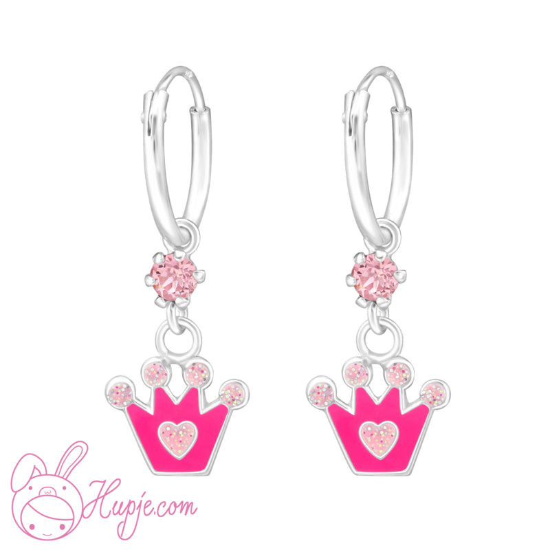 zilveren kinderoorbellen roze kroontjes + Swarovski® kristallen