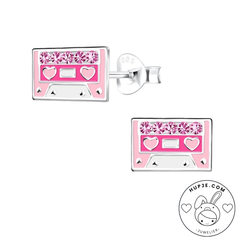 zilveren oorknopjes casettebandje roze kristallen