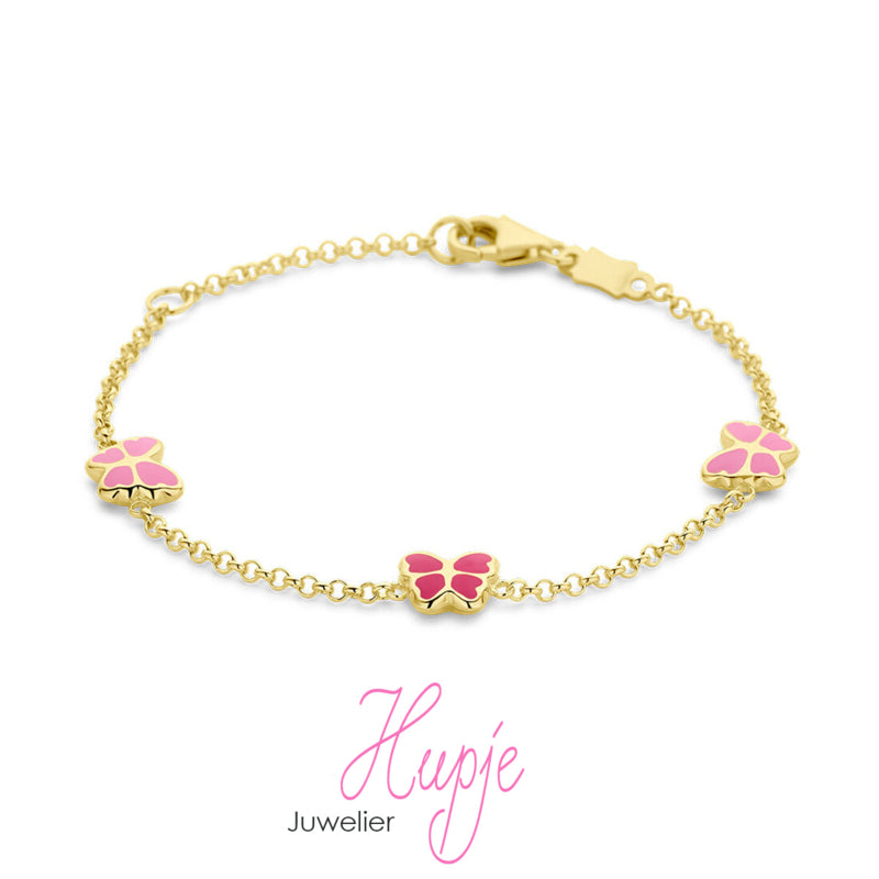 14 karaat gouden kinderarmband roze vlinders