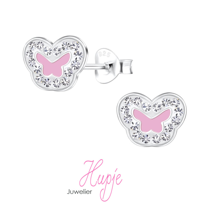 zilveren oorbellen vlinder roze met kristallen
