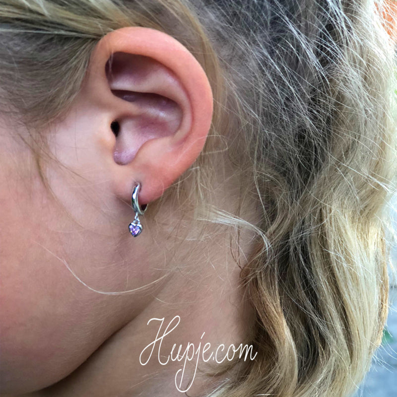 silver hoop earrings with pink Zirconia hearts