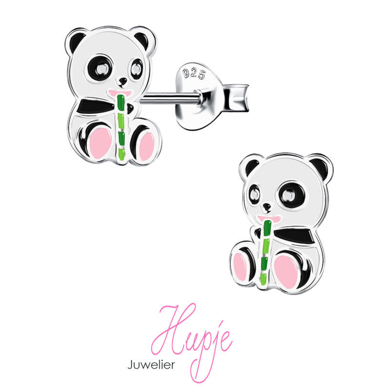 zilveren kinderoorbellen panda roze details met bamboe