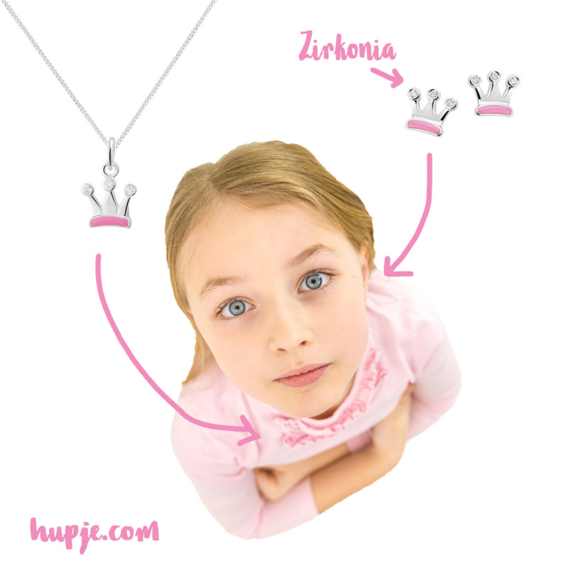 zilveren kinderketting roze kroontje + Zirkonia steentjes