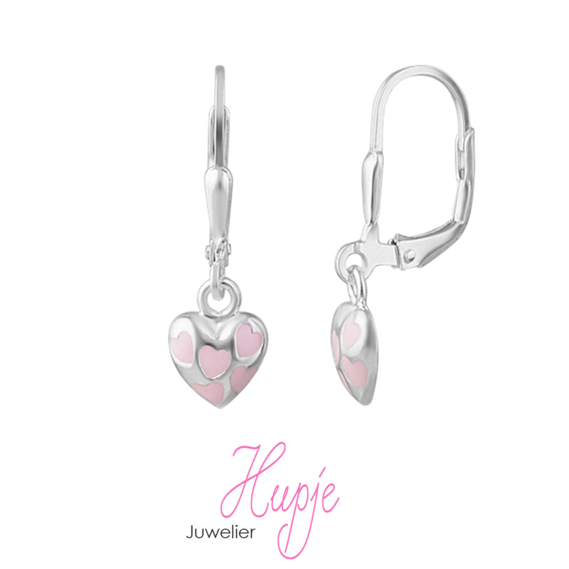 silver earrings pink heart brisure closure (Premium)