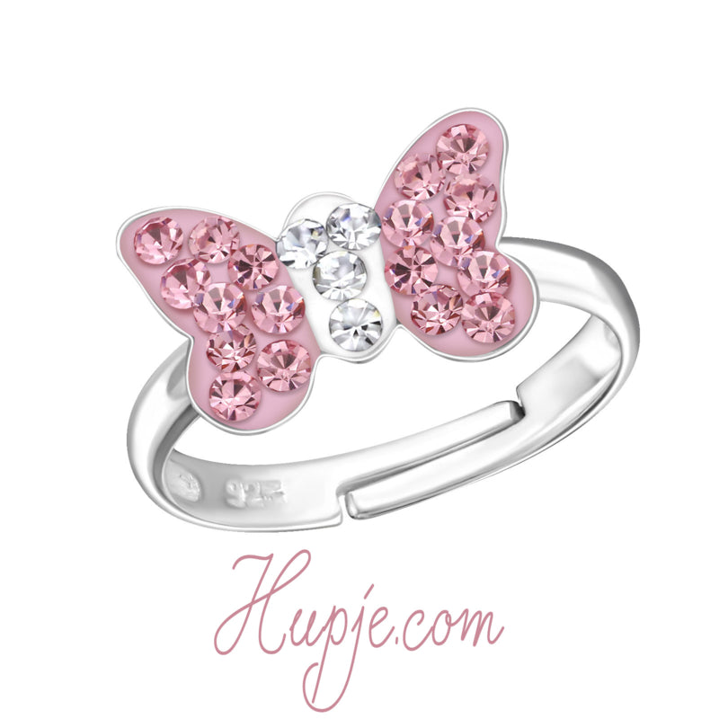 zilveren kinderring vlinder roze kristallen