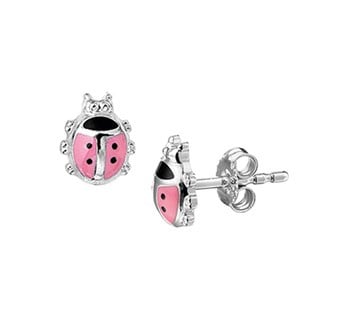 zilveren kinderoorbellen lieveheersbeestje zilver + roze