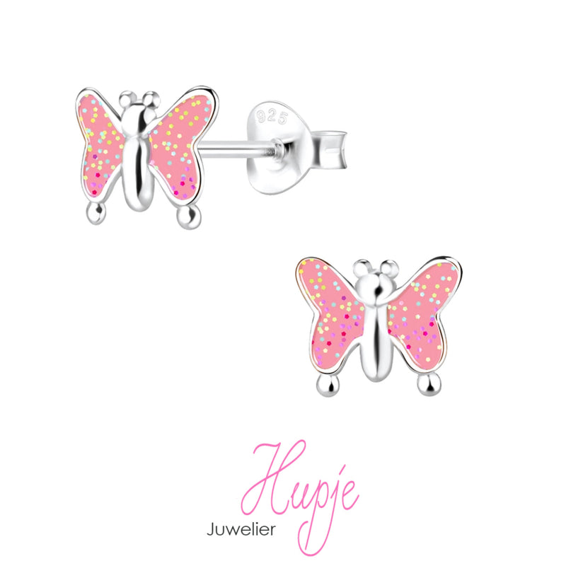 zilveren kinderoorbellen creolen roze vlinder glitter