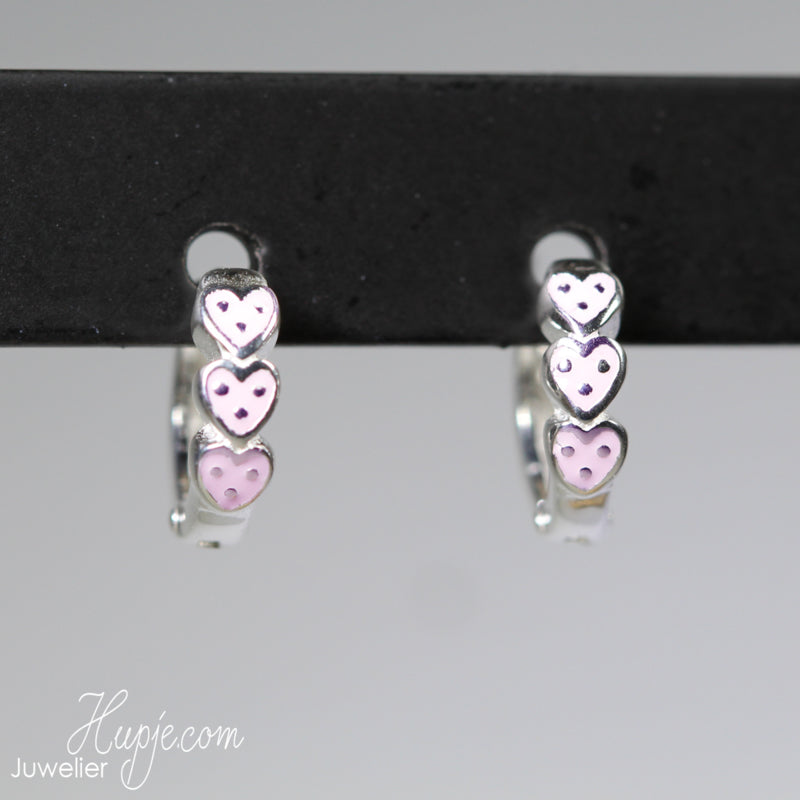 silver hoop earrings light pink hearts silver dot (Premium)