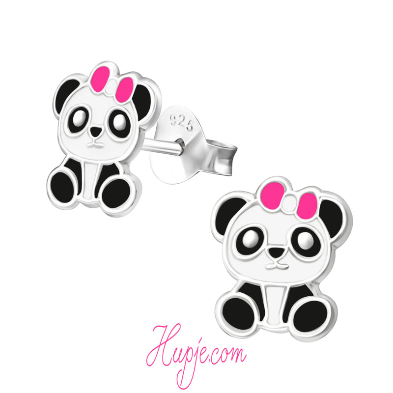 zilveren kinderoorbellen panda roze strikje